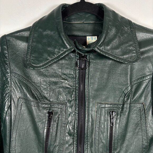 Vintage Leather Zip Jacket Dark Green 70s moto boho Size X Small - Picture 5 of 7
